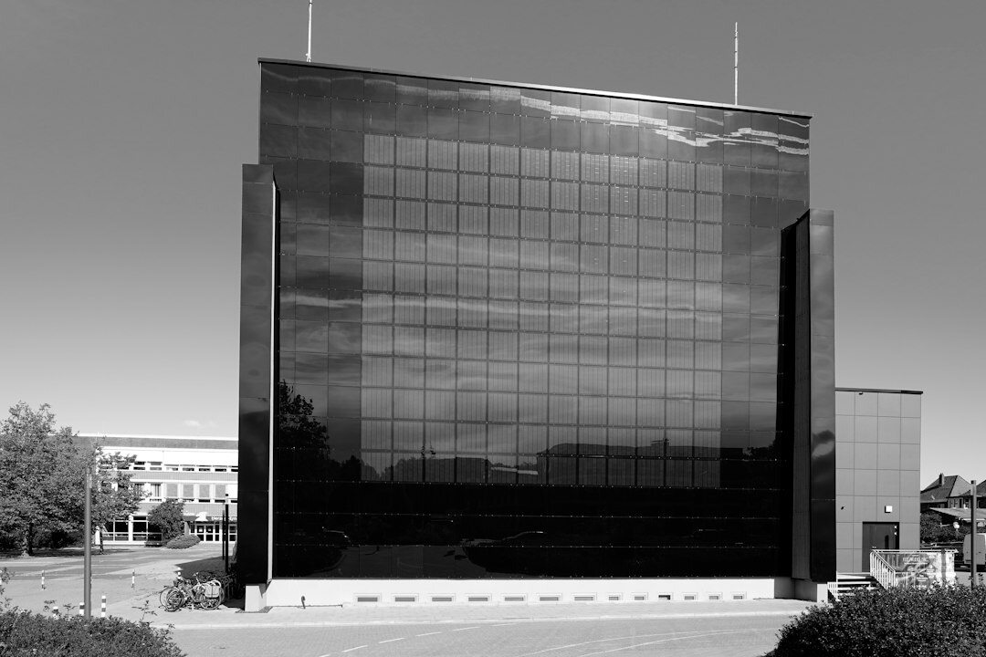 Corporate headquarters building with reflective glass facade